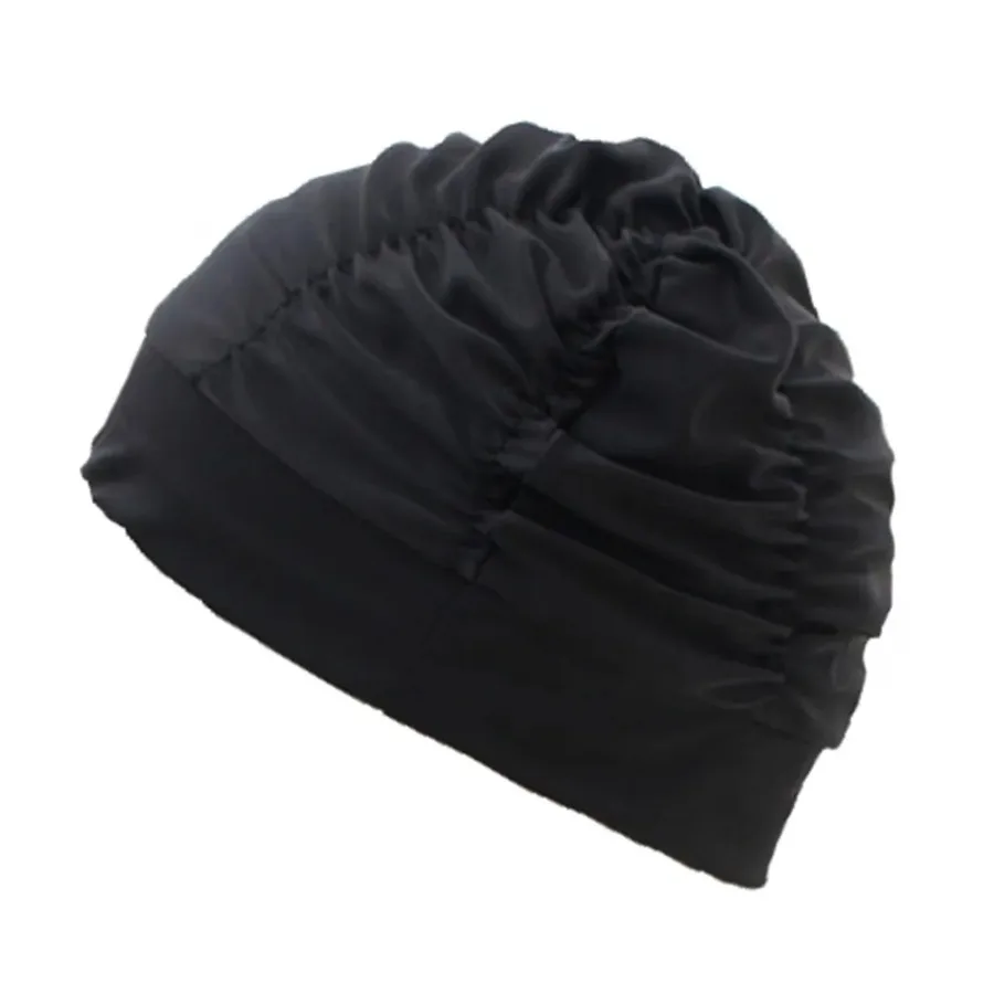 

2 Pack Solid Color Pleated Swim Caps For Long Hair Cloth Febric Swimming Cap, Black