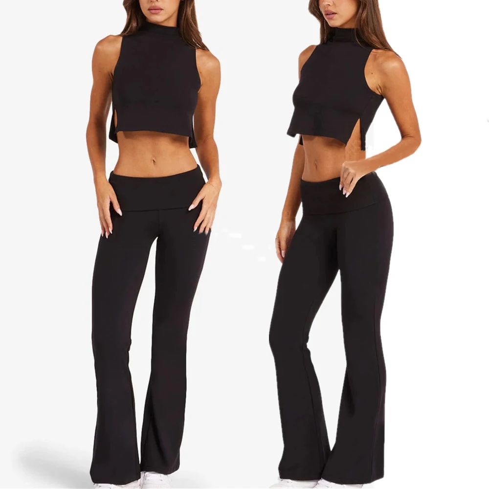 Pad 2PCS Women Yoga Set ONeck Sleeveless Vest Crop Top Shirt Fold Waist Flare Leggings Stretchy Gym Running Outfit Suits XP101