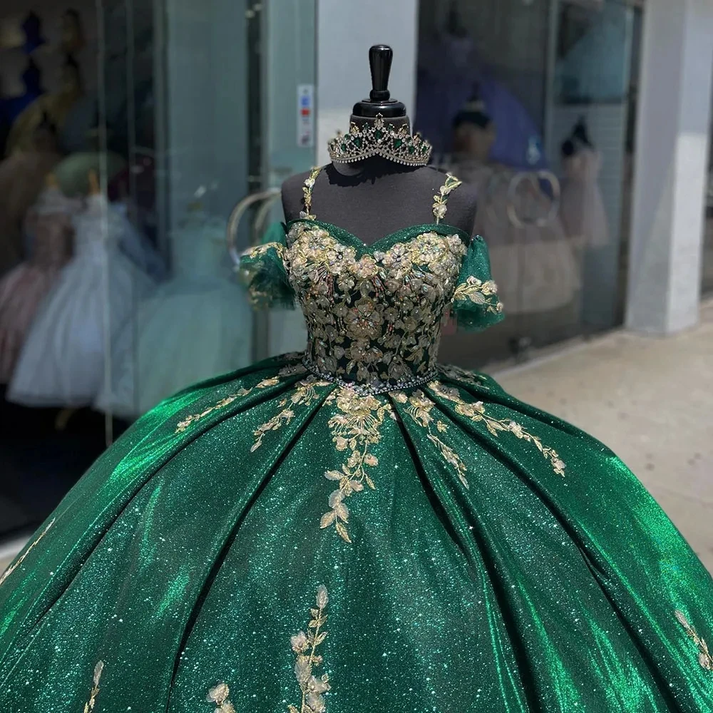 ANGELSBRIDEP Glitzernde grüne Quinceanera-Kleider, goldene Blumen, Spitze, schulterfrei, Vestidos de 15 Jahre, Geburtstagsfeier, individuell