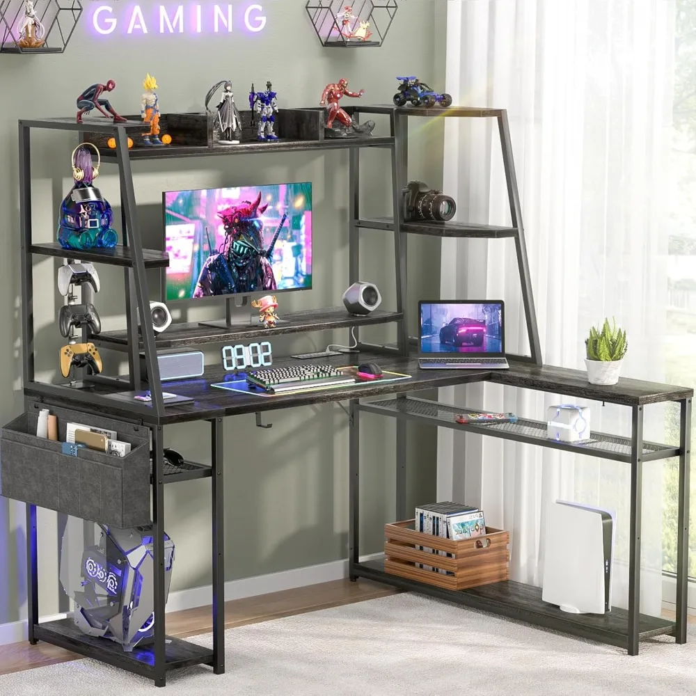 

armocity L Shaped Gaming Desk with Hutch & Shelves, 47'' Gaming Computer Desk with LED Lights & Outlets, PC Gaming Desk with Sto