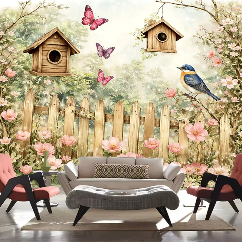 Charming Spring Floral Garden Wall Mural Tapestry Cottagecore Style Nature Decor Wallpaper Backdrop with Fence and Birdhouses fo