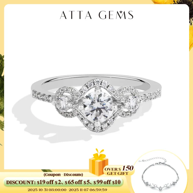 ATTAGEMS Three Stones Cluster Women Moissanite Ring D VVS1 0.5 ct Round Cut 925 Sterling Silver Engagement Wedding Fine Jewelry
