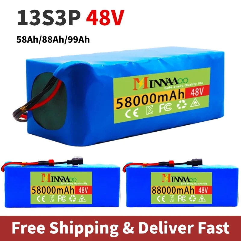 

High Capacity 48V 100mAh 1000w 13S3P XT60 Lithium ion Battery Pack For 54.6v E-bike Electric bicycle Scooter with BMS+charger