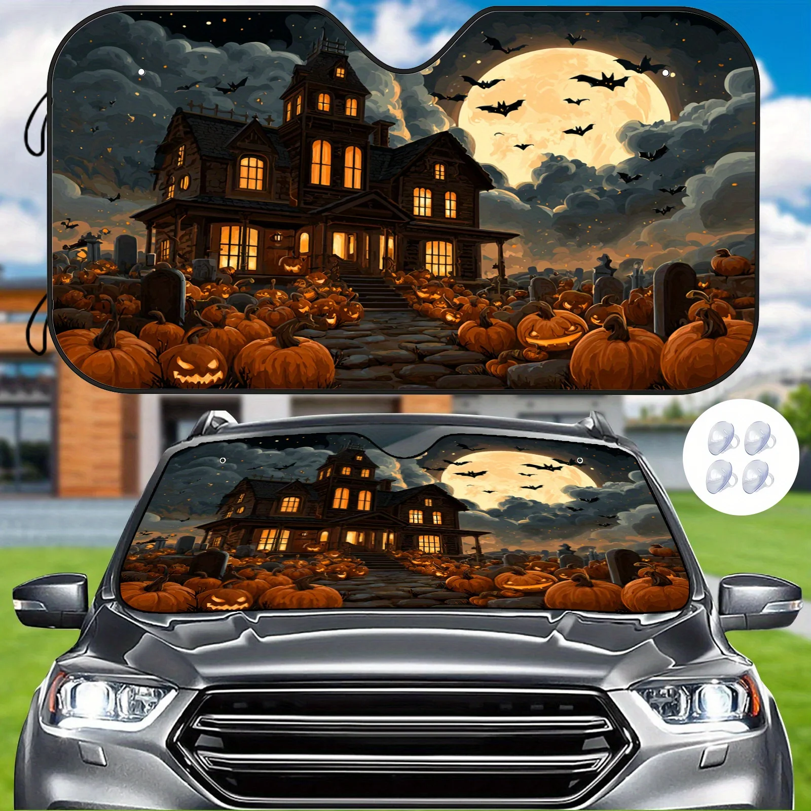 Halloween Pumpkin Car Sunshade, Festive Themed Design, Heat Insulation And Reduction, Regulates Car Interior Temperature, Inclu
