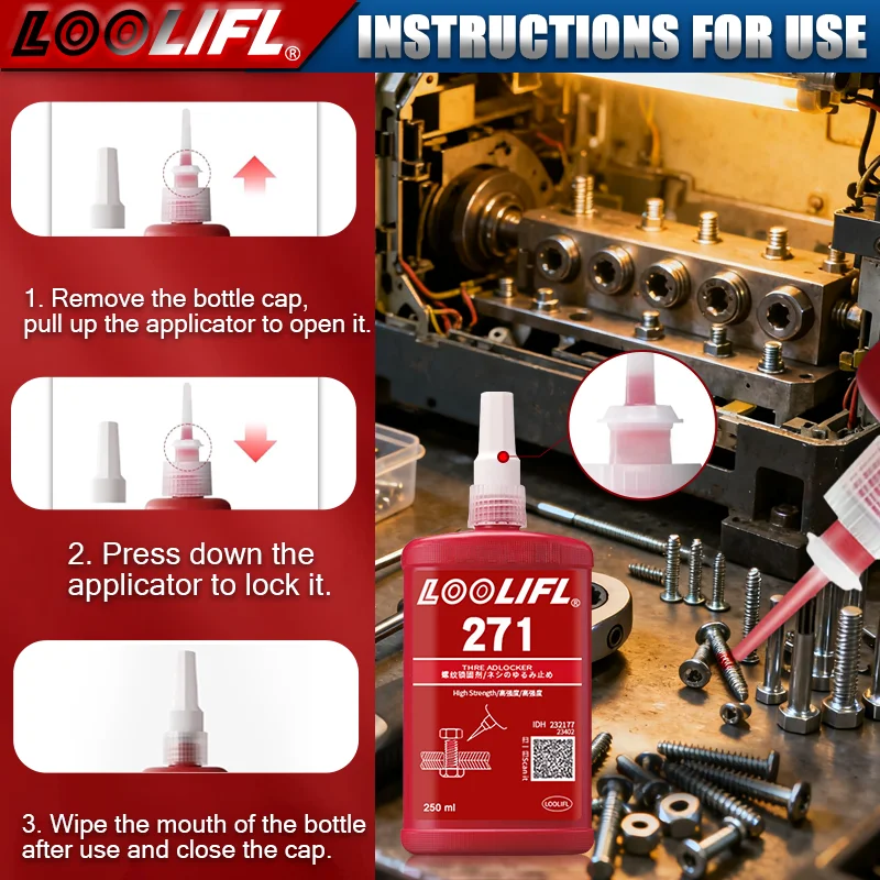 عامل قفل الخيط 271 لاصق خيط سريع الجفاف لاصق لاهوائي مقاوم للتآكل ومضاد للتخفيف، تلقائيًا