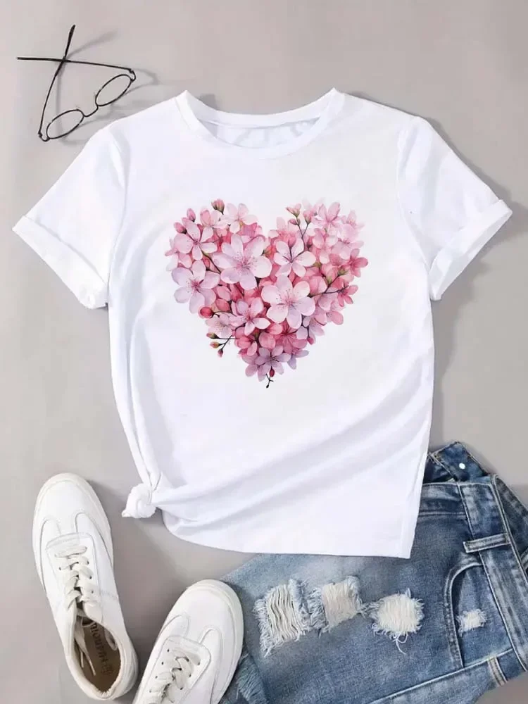 여름 신상 하트 플로럴 패턴 프린팅 티셔츠 여성 의류 라운드 넥 반팔 티셔츠 탑스 티즈 미학 의류