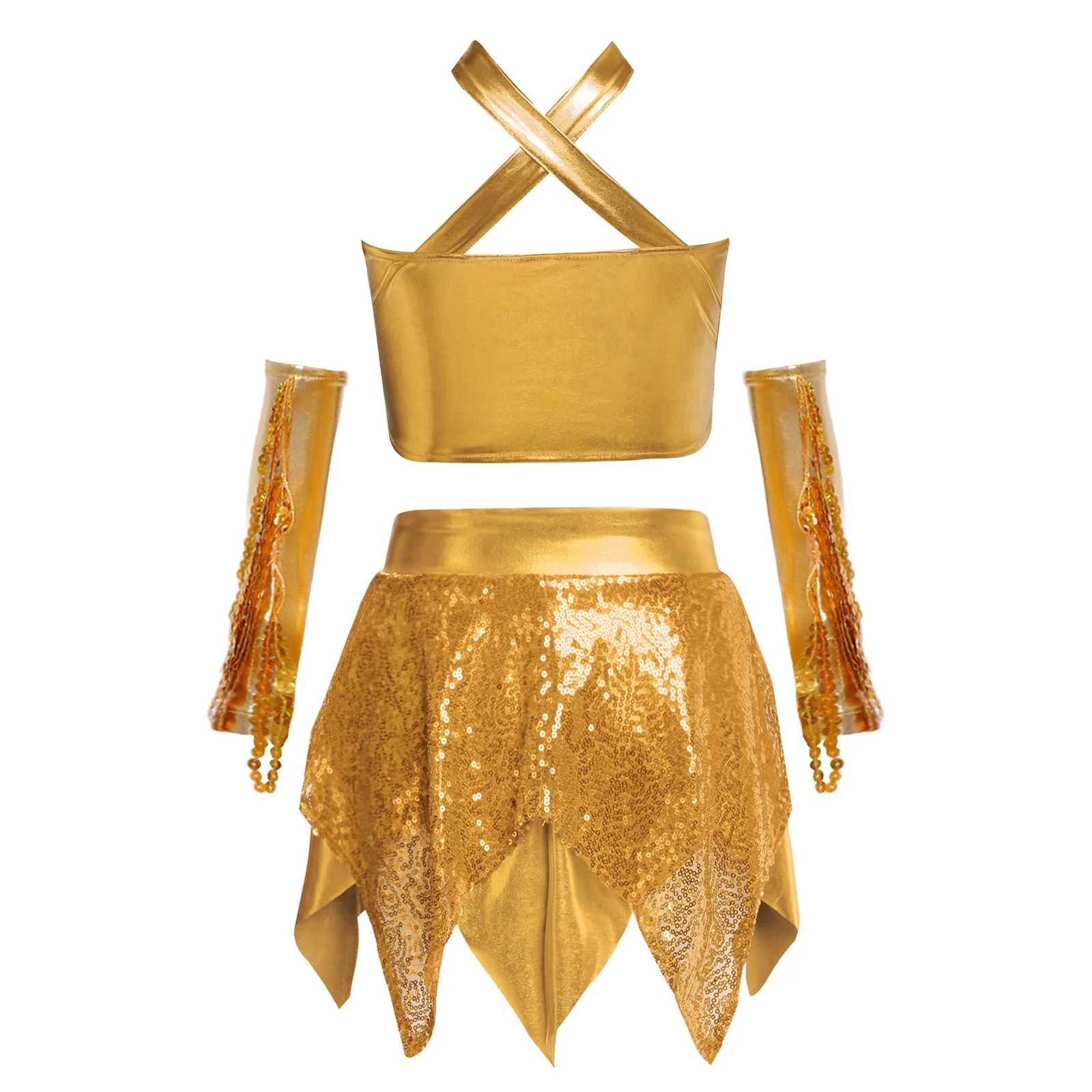 Kinder Mädchen Jazz Dance Kostüm Outfit Latin Tango Cha-Cha Salsa Dancewear Glitzerndes Pailletten Crop Top mit Rock und Quasten Handschuhen