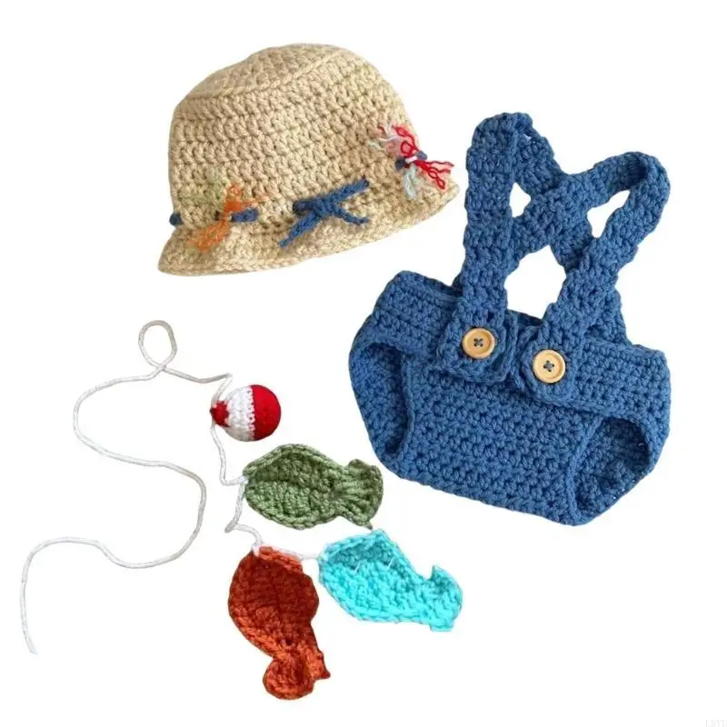 ملابس L5YF للتصوير الفوتوغرافي لحديثي الولادة دعائم للتصوير الفوتوغرافي ملابس تنكرية للأطفال مستلزمات الرضع قبعة محبوكة ورومبير #2