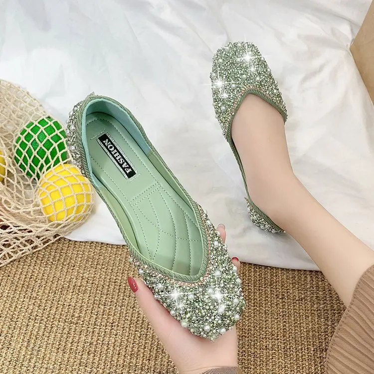 

Glitter Crystal Pearl Pink Flats Ballet Slip on Shoes for Women Moccasins Square Toe Loafers Shallow Ballerina Flats Womens Cute