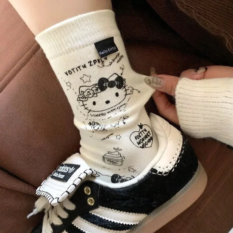 

3 Pairs Y2K Sanrio Hello Kitty Socks for Girls Mid-Tube Socks Kawaii Cartoon Anime Harajuku Black White Cotton Sock Women Female