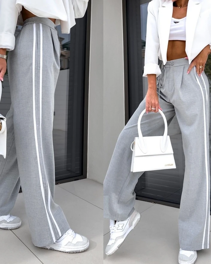 

Women's Pants 2024 Spring Casual Suit Style Striped Drawstring High Waist Casual Pants Daily High Waist Straight Long Pants