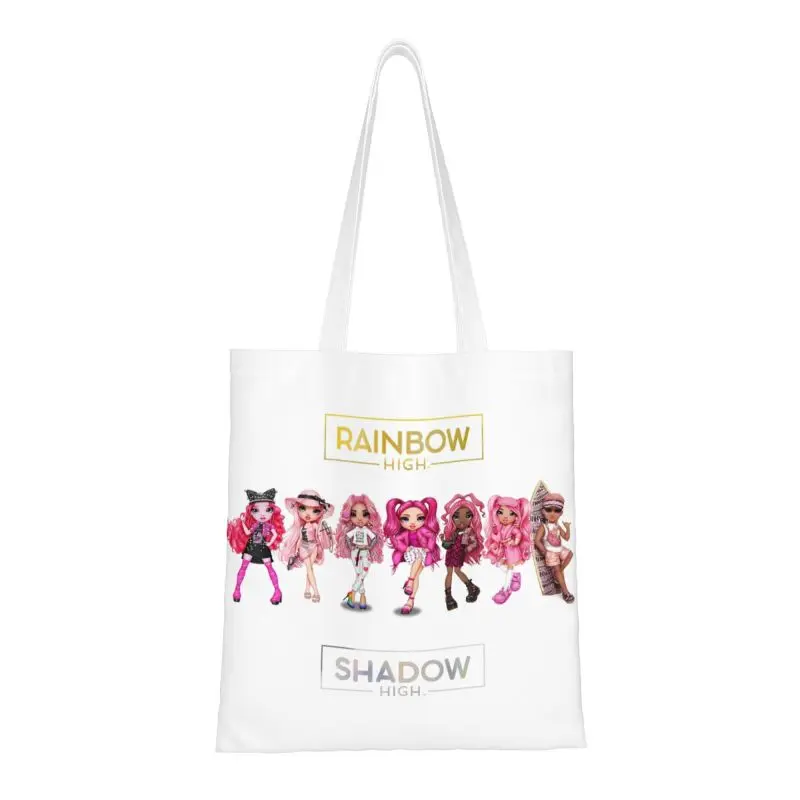 

Custom Rainbow High And Shadow High Pink Characters Shopping Canvas Bag Women Durable Grocery Tote Shopper Bags