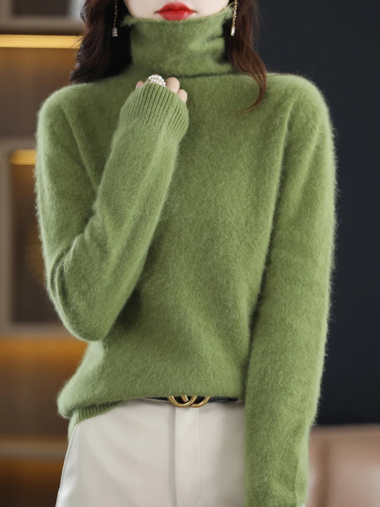 Women\'s Pile Collar 100% Mink Cashmere Sweater Winter High Collar Knitted Pullover Casual Short Thick Tops Loose Warm Base Shirt