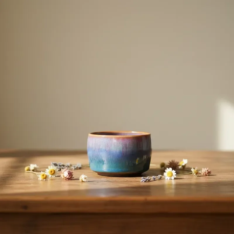 【CHIMU HOME】 Handmade Jun Porcelain Arhat Cup for Asian Zen Set Blue-Gold Glaze Heat-Resistant 150ML for Cafe Use and