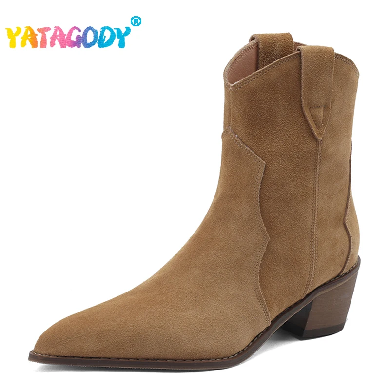 

YATAGODY Size 34-43 Women Western Cowboy Boots Suede Genuine Leather Thick Heels Winter Shoes For Women Cowgirl Heel Short Boot