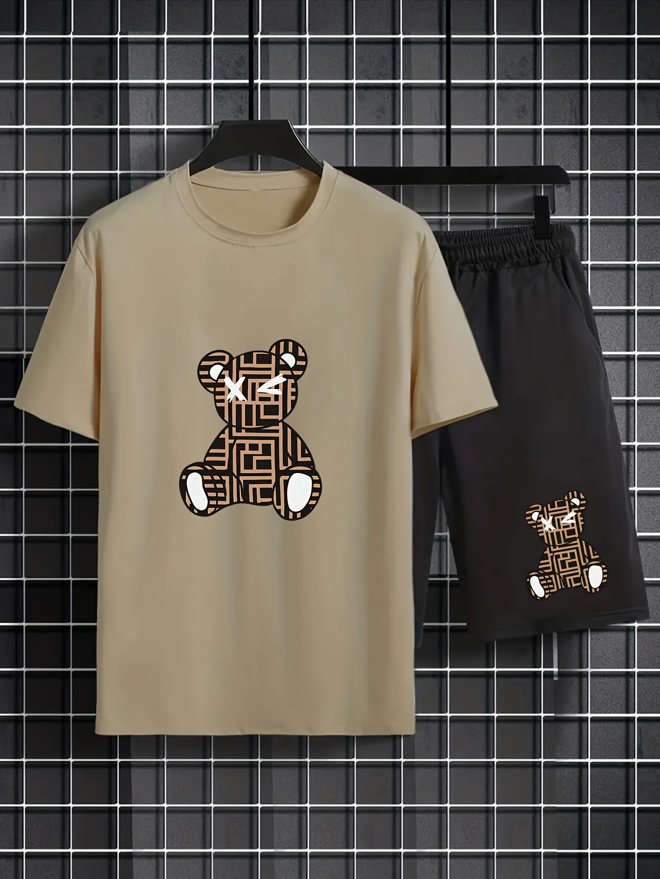 2026 Summer Casual Short-Sleeve Fashionable Breathable Sports Set Loose-Fit Quick-Dry Men's Short-Sleeve Hip-Hop Bear Print Set