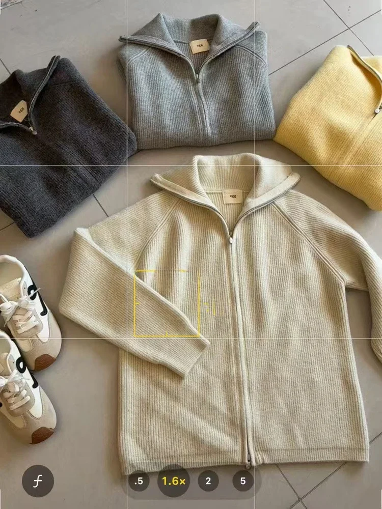 Korean Sle Loose Fit Double Zipper Knitted Jaet Thiened Heavy Egg Polyester Fiber Long Sve Cardigan Women's Outerwear