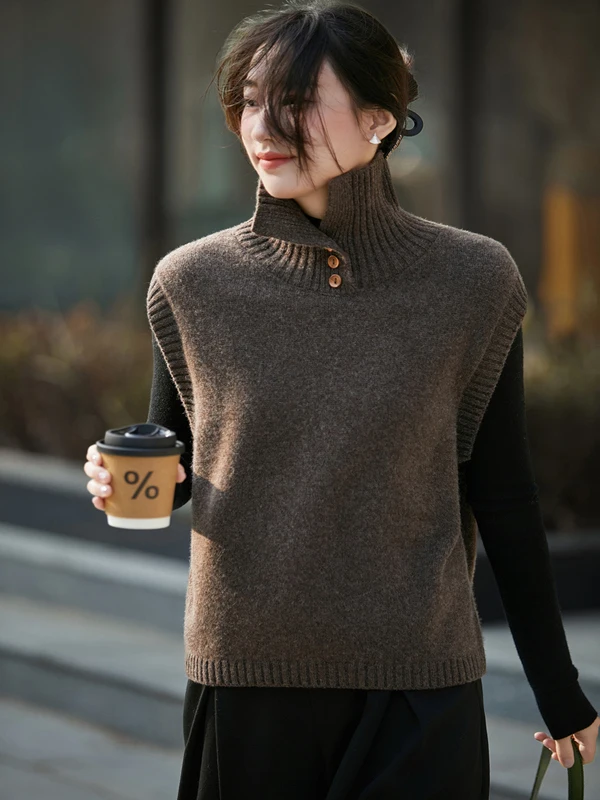 Autumn Winter Comfortable Cozy Women's Knitted Vest High Collar Sweater Soft Meticulous Style Commute Fashion Teenager Girl