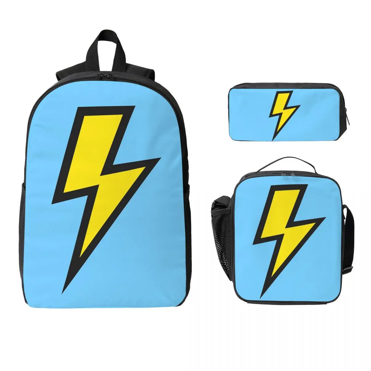 

Yellow Lightning Bolts With Bright Blue Backpack BookBag School Bag Computer Shoulder Bags 3ps Insulated Lunch Bag Pencil Case