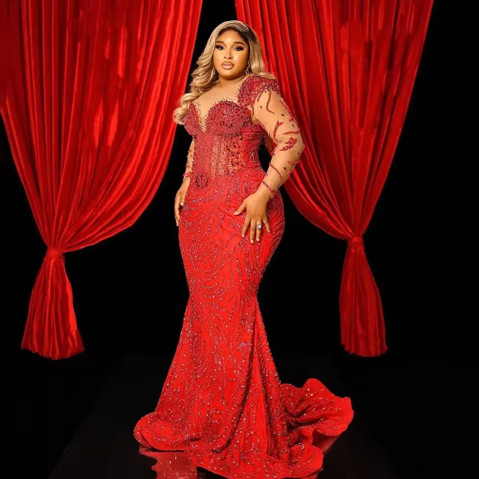 

Роскошные красные вечерние платья по индивидуальному заказу, большие размеры, блестки и бусы, африканское платье для свадебного приема, макси Vestido de fiesta