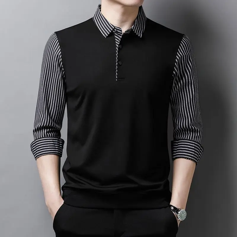 Plus Size Men’s Shirt Fake Layer Design V Neck Striped Long Sleeve Tee Casual Fashion Blouse with Collar for Young Adults