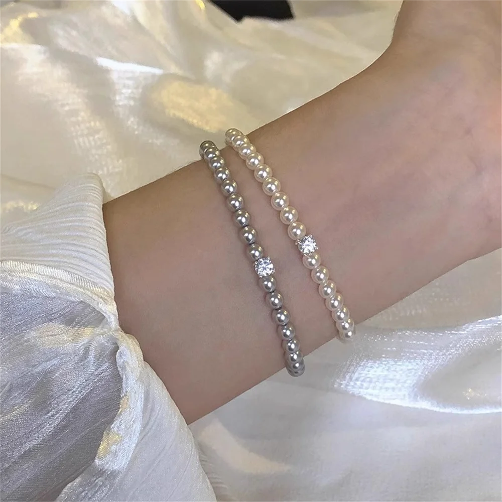 

Korean S925 Bracelet - Lava Cube Zircon, Round Faux Swarovski Pearl Luxury Women