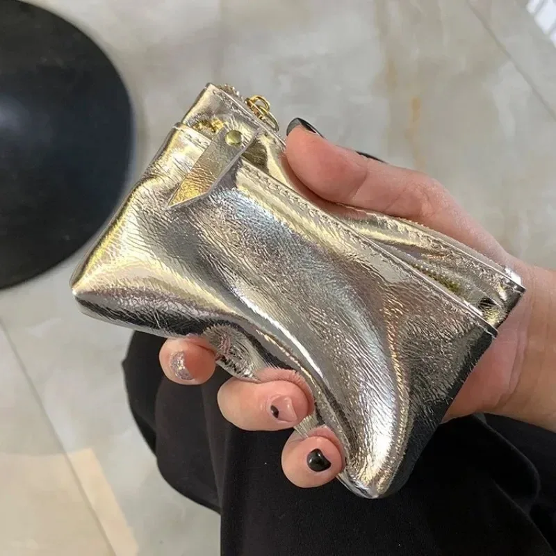 Mini Cartera de cuero genuino de plata, bolso de mano multifuncional con cremallera, monedero portátil, tarjetero