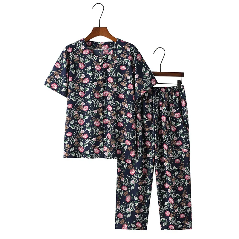 Middle Aged Mother Summer Short Sleeve Suit Floral Two-piece Cardigan Pajama Sets Plus size Homewear Outside Wear Pyjama Femme