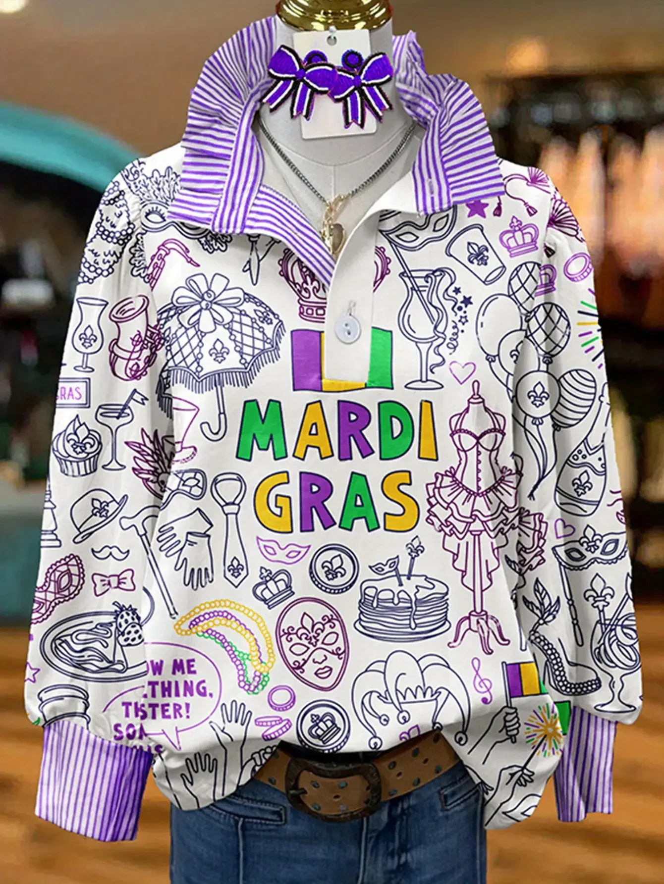 Women's striped casual fashion shirt with multi-color striped collar , Elegant necktie ruffles and foam sleeves