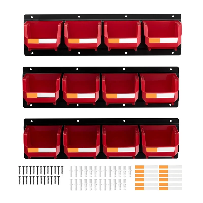 

Wall Mounted Storage Bins, 12 Stackable Plastic Organizers with 3 Metal Rails for Tools, Screws, Nuts, Bolts, Nails – Red