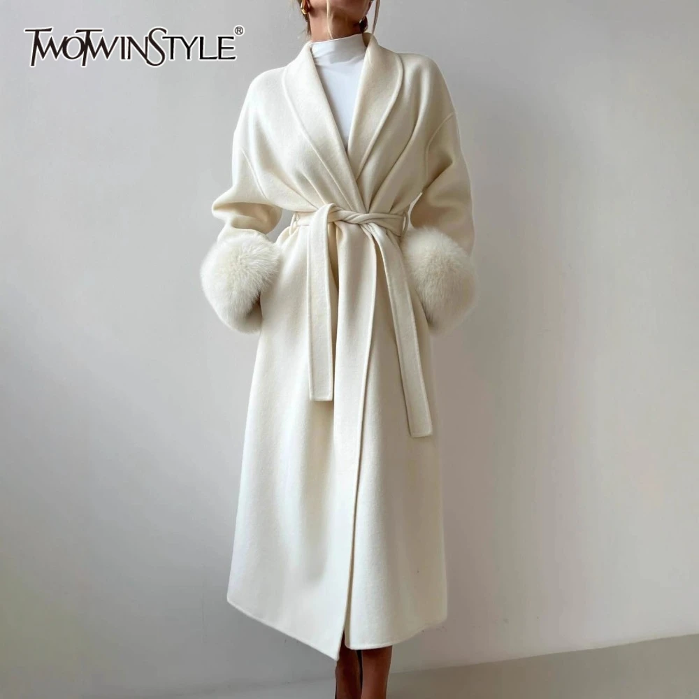 

TWOTWINSTYLE элегантное лоскутное тонкое пальто на шнуровке для женщин с лацканами и длинными рукавами с перьями темпераментный шерстяной плащ женский осенний