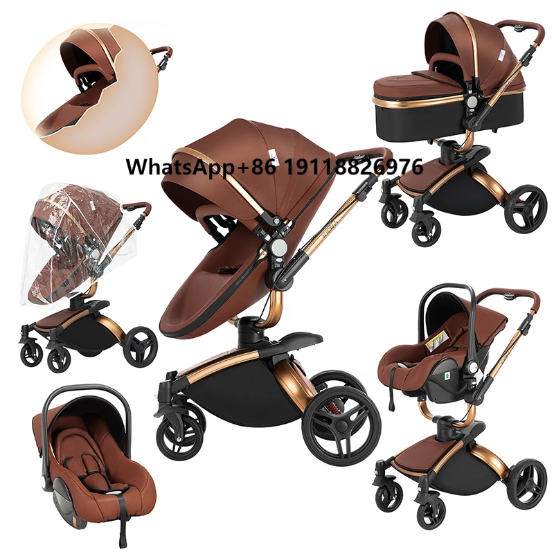 

Luxury Leather Baby Stroller 3in1 Lightweight Versatile Carriage Tricycle Set with Adjustable Canopy and Storage Basket