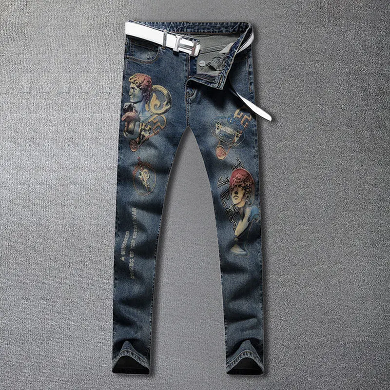 

Fashion Brand Lion Jean Without Belt Erkek Kot Pantolon Foot Pant Artistic Portrait Print Men Jean Pant European Jean Men Hombre