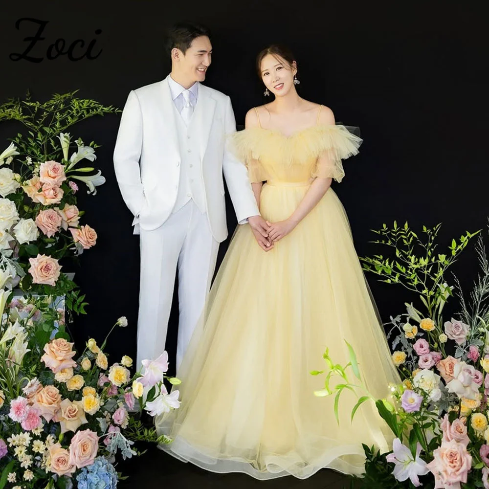 

Zoci Fairy Light Yellow Korea Wedding Party Dresses Ruffles Strapless Bridal Gown Photos Shoot Garden Evening Dresses Customized