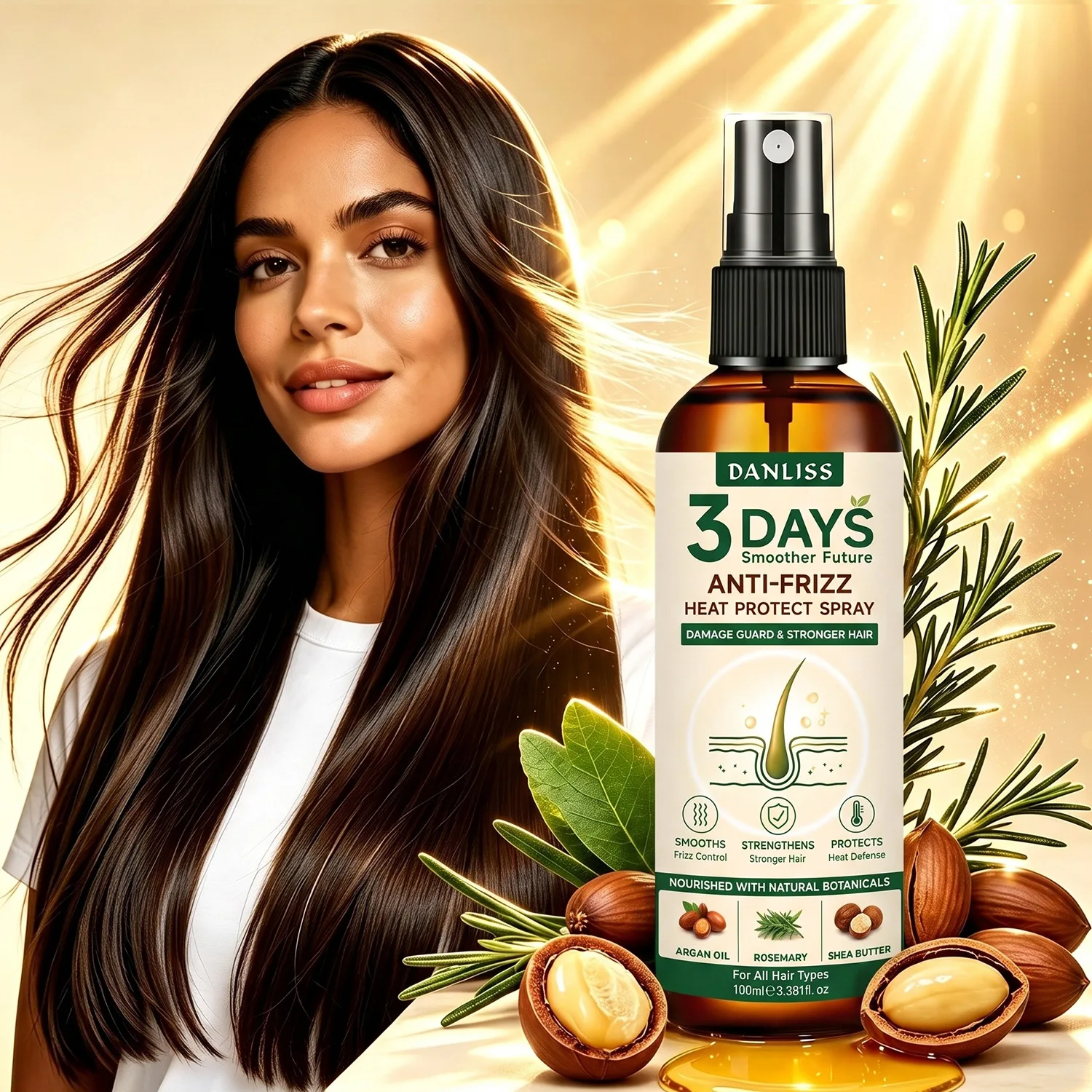3 Days Anti-Frizz Heat Protect Spray, with Argan Oil, Rosemary & Shea Butter, Damage Guard & Stronger Hair, Smoothes Frizz.