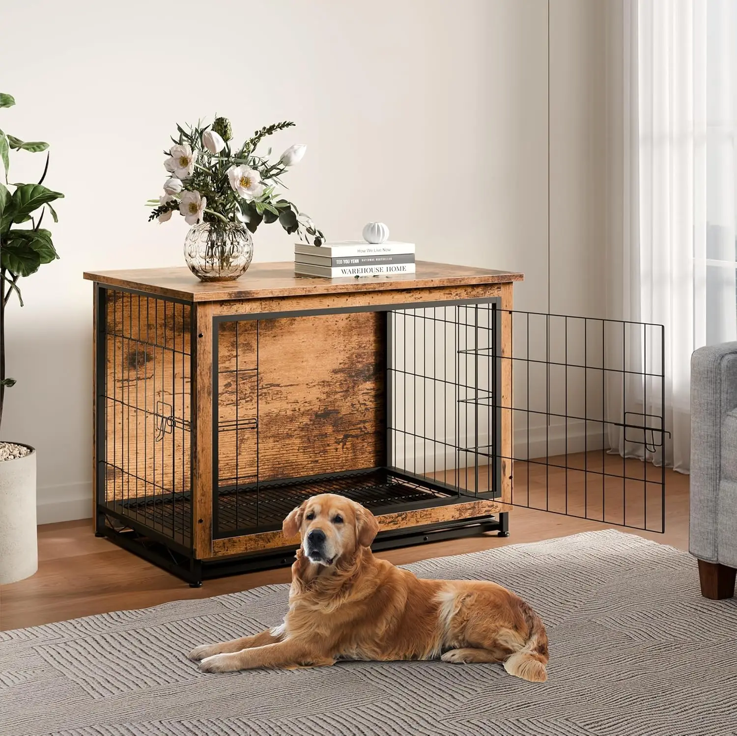 Dog Crate Furniture Side End Table Modern Wooden Kennel for Dogs Indoor Heavy-Duty Dog Cage with Multi-Purpose Removable Tray