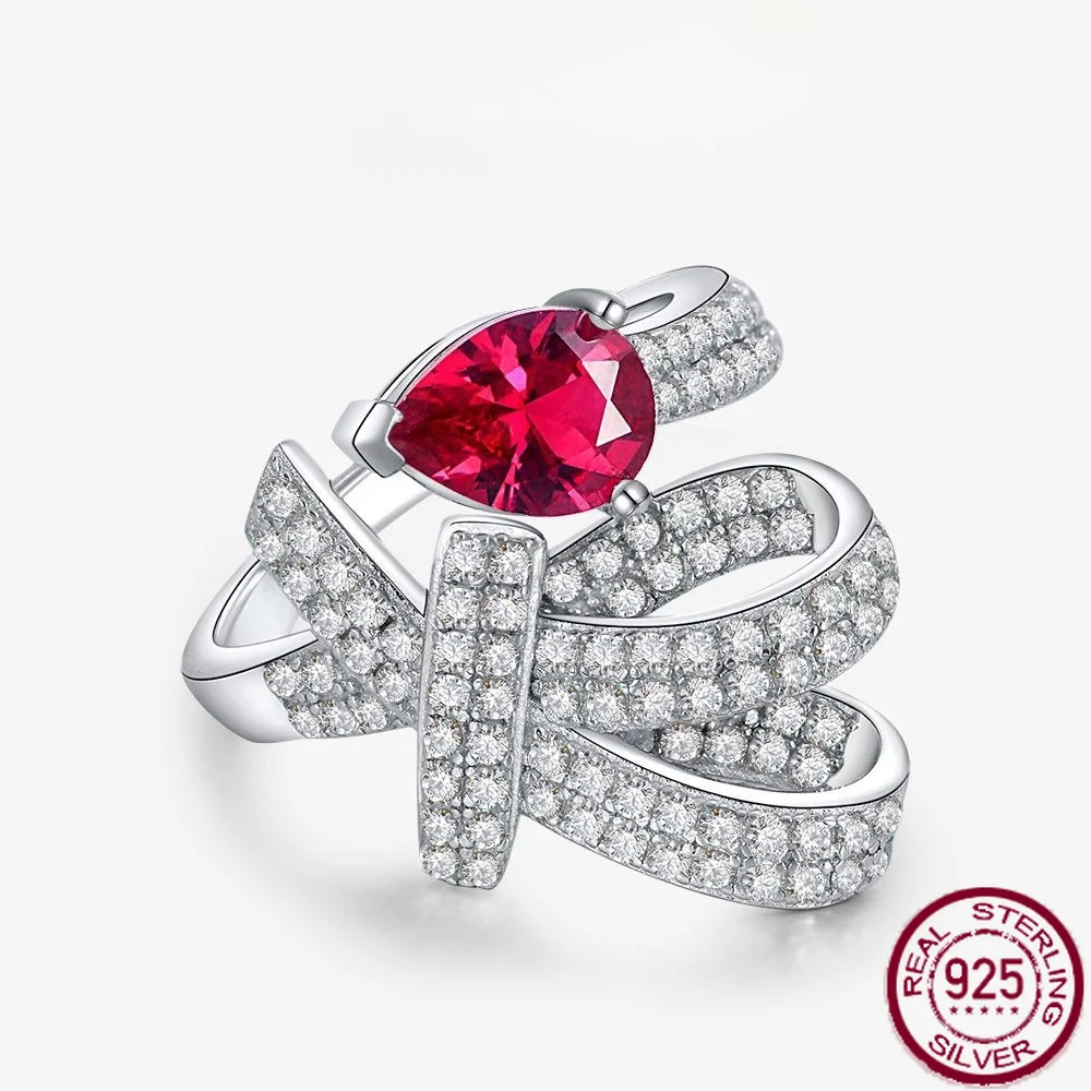 New S925 Silver Water Drop 6 * 8 Ruby Nurturing Red Treasure Ring European and American Design Texture Engagement Jewelry
