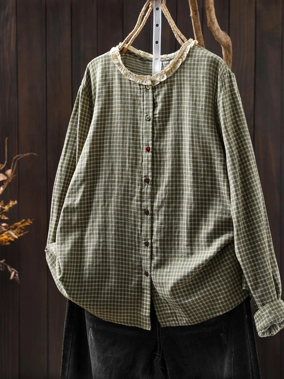 ملابس الخريف العتيقة 100% غزل القطن الكاكي الأخضر الأزرق متقلب قمصان طويلة الأكمام البلوزات ملابس موري كي