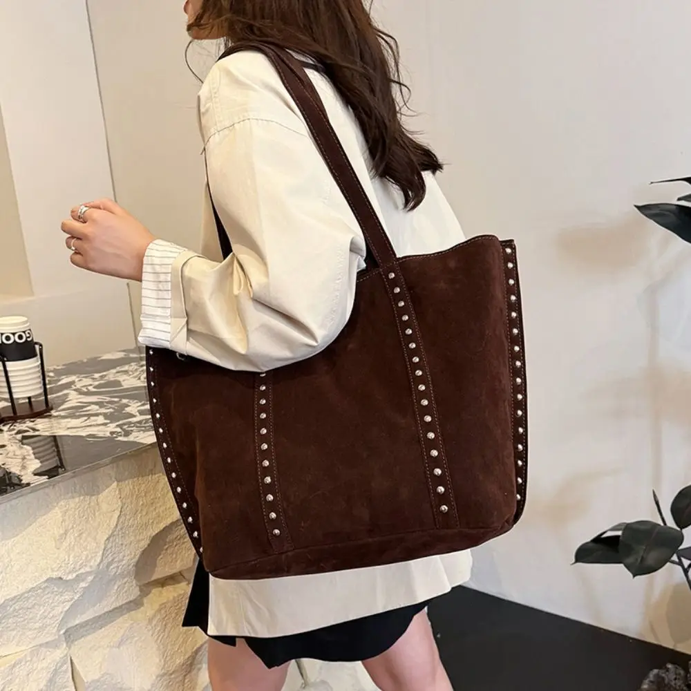 Korean Style Suede Rivet Tote Bag PU Leather Solid Color Suede Leather Shoulder Bag Large Capacity Fashion Underarm Bag Women
