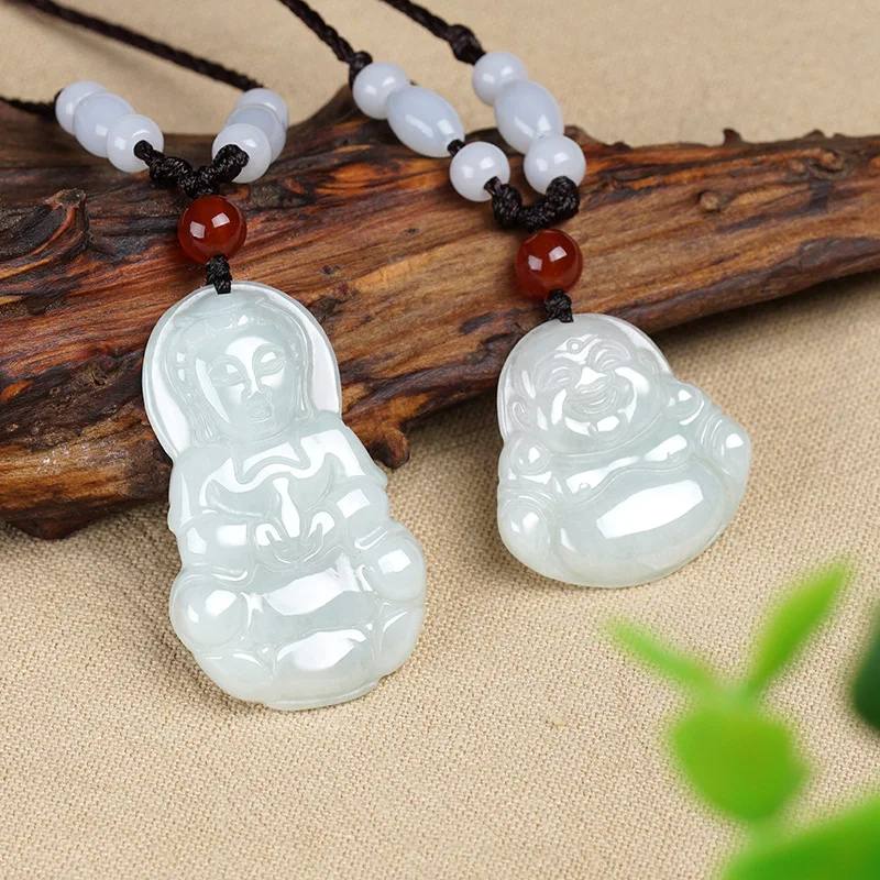 Myanmar Jade Ice Glutinous Seed Holding Bottle Guanyin Maitreya Buddha Pendant for Men and Women's Fashion Versatile Pendant