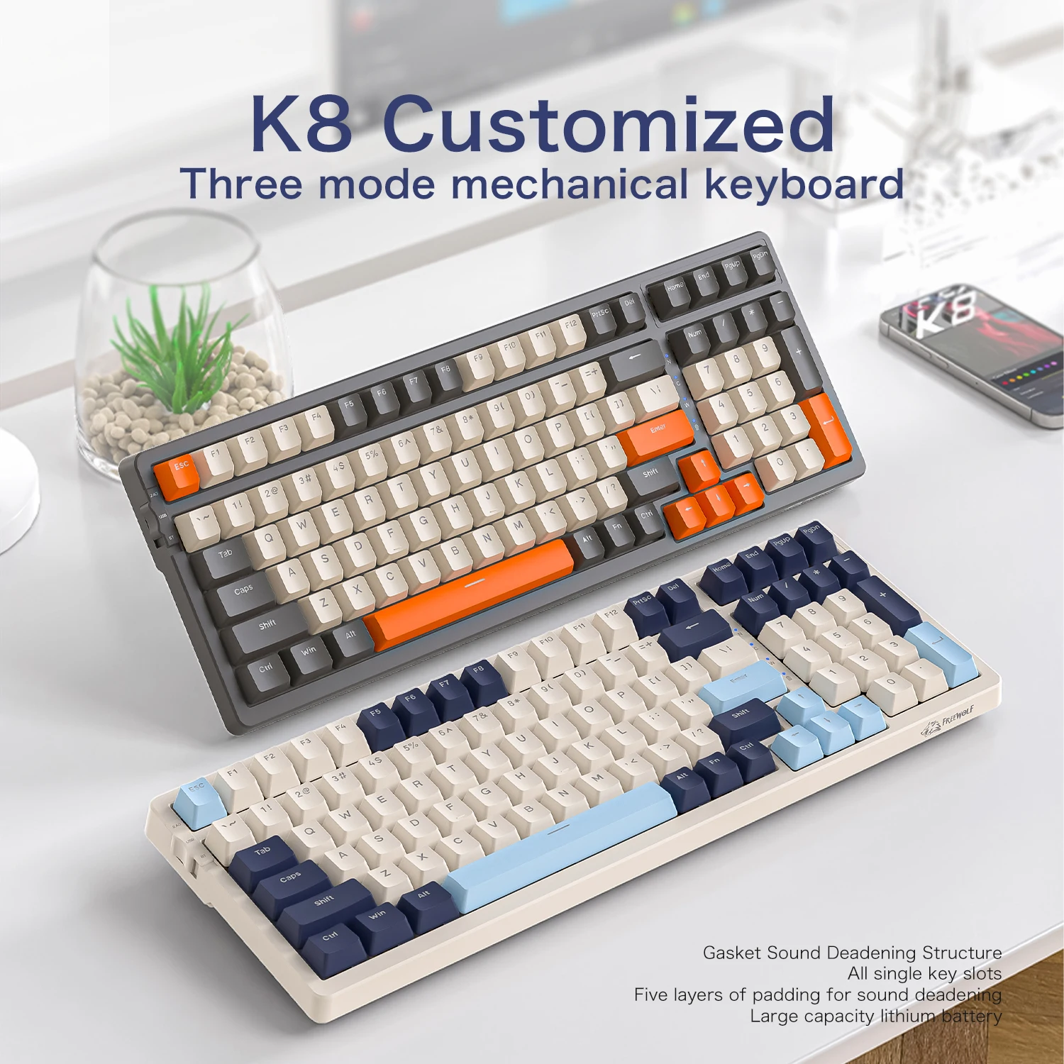 K8 Wireless Mechancial Gaming Keyboard Hot Swappable Backlit Bluetooth 2.4G Wired Linear Red Switch for PS4 PC Win Mac Gamer