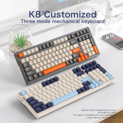 Imagen 2 del producto Teclado mecánico inalámbrico K8 para jugar, intercambiable en caliente, retroiluminado, Bluetooth, 2,4G, con cable, interruptor rojo lineal para PS4, PC, Win, Mac y jugadores
