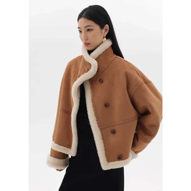 2023 Winter New Faux Fur Fleece Short Coats for Women Fashion Simple Stand Collar Lamb Wool Coat Office Lady Solid Color Jacket