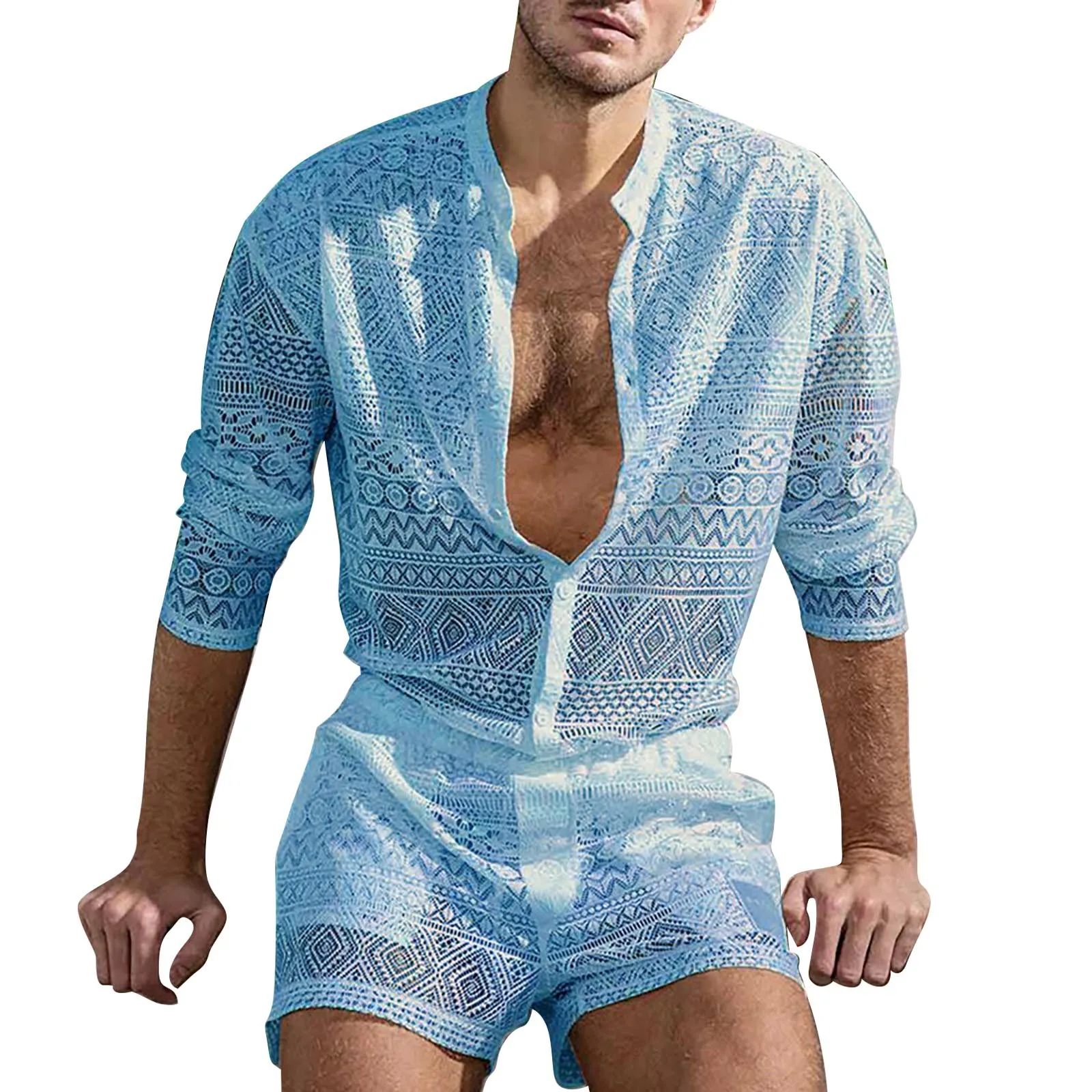 Conjunto de camisa e shorts de manga comprida masculina, terno confortável, roupa esportiva respirável, verão, ver através da moda