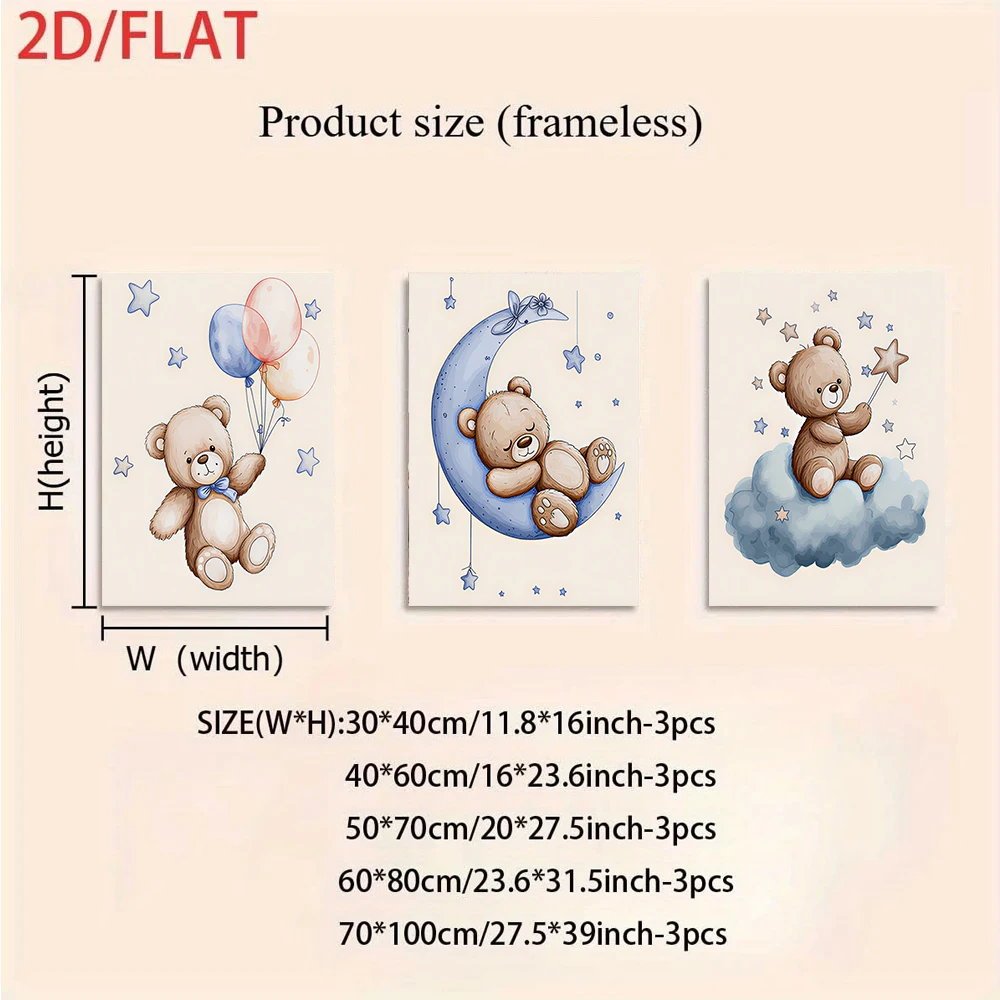 1 set of warm teddy bear frameless triptych decorative painting watercolor style cute moon, star, balloon pattern 2D flat