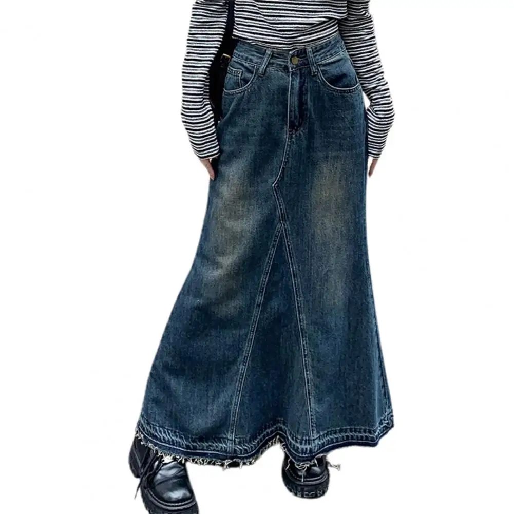 

Long High-waisted Skirt Retro Denim Maxi Skirt with A-line Silhouette High Waist Ripped Edge Women's Ankle Length Solid Color