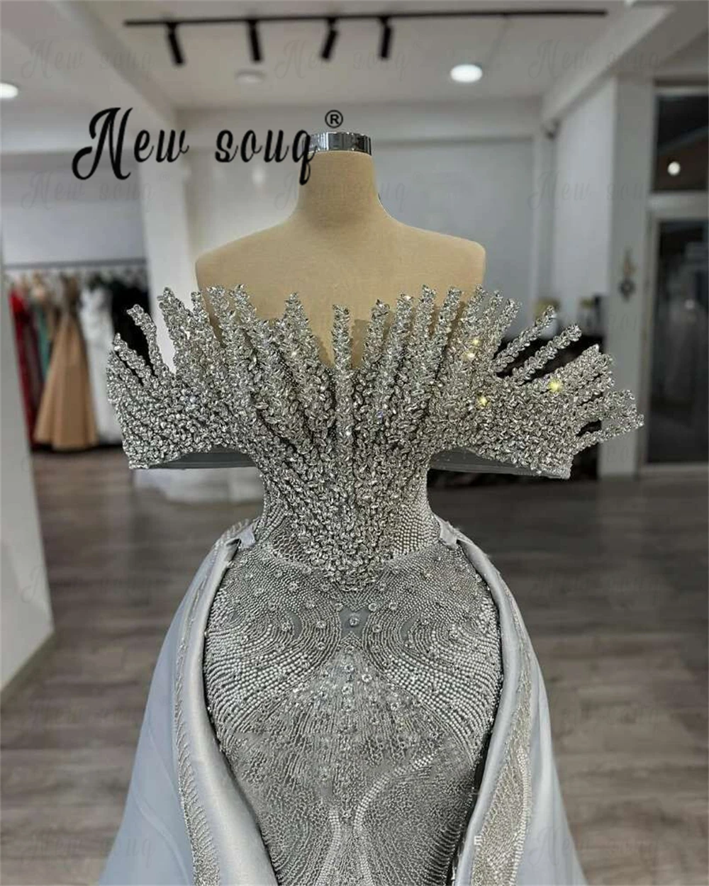 

Silver 3D Crystals Prom Dresses Withe Detachable Train Aso Ebi Second Reception Engagement Gown Evening Luxury Dress Customized