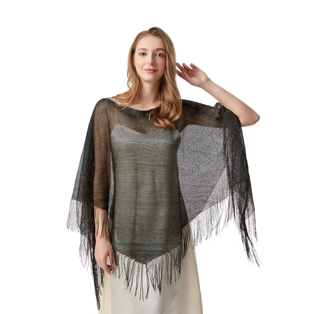 New Knit Tassel Knit Poncho Top with Tassel Off Shoulder Beach Cover Up Casual Shimmer Asymmetrical Crochet Shawl Spring Summer