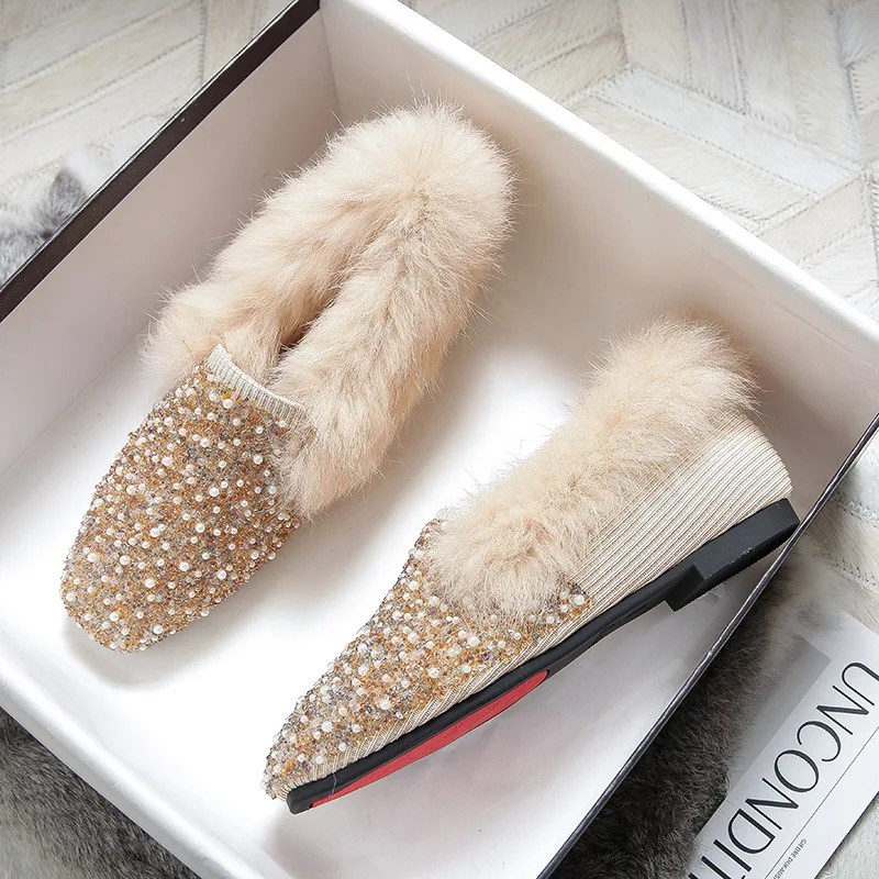 

Лоферы из кроличьего меха, женская обувь, туфли со стразами и квадратным носком, зимние теплые слипоны, удобные меховые шлепанцы, большой размер, черный абрикос