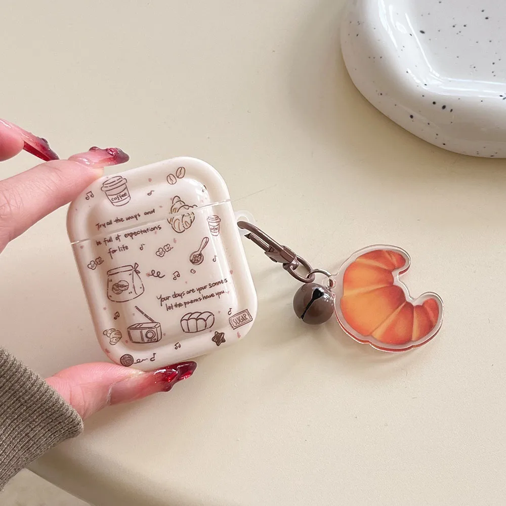 INS Korea Graffiti Coffee Bread Earphone Protective Cover For Apple Airpods 4 3 2 1 Pro 2nd Wireless Headset Case with Pendant